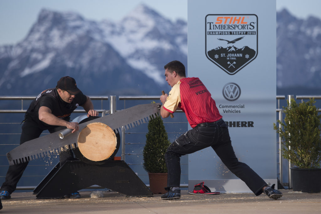 Iker Vicente of Spain performs at the Stihl Timbersports Rookie World Championship in St. Johann in Tirol, Austria on May 25, 2016.
